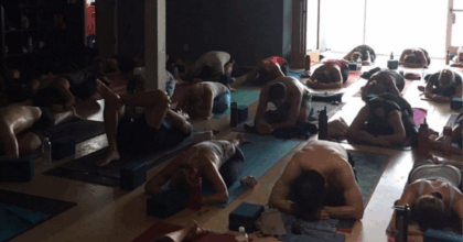 yoga class in child's pose