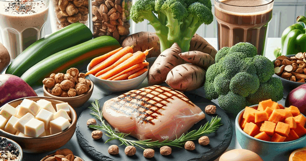 The image showcases a variety of healthy foods ideal for muscle building, including grilled chicken breast, steamed broccoli, sweet potatoes, mixed nuts, and a protein shake. They are presented on a modern kitchen countertop, emphasizing the freshness and nutritional value of the foods in a bright and appealing setting.