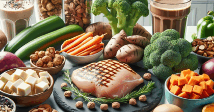 The image showcases a variety of healthy foods ideal for muscle building, including grilled chicken breast, steamed broccoli, sweet potatoes, mixed nuts, and a protein shake. They are presented on a modern kitchen countertop, emphasizing the freshness and nutritional value of the foods in a bright and appealing setting.